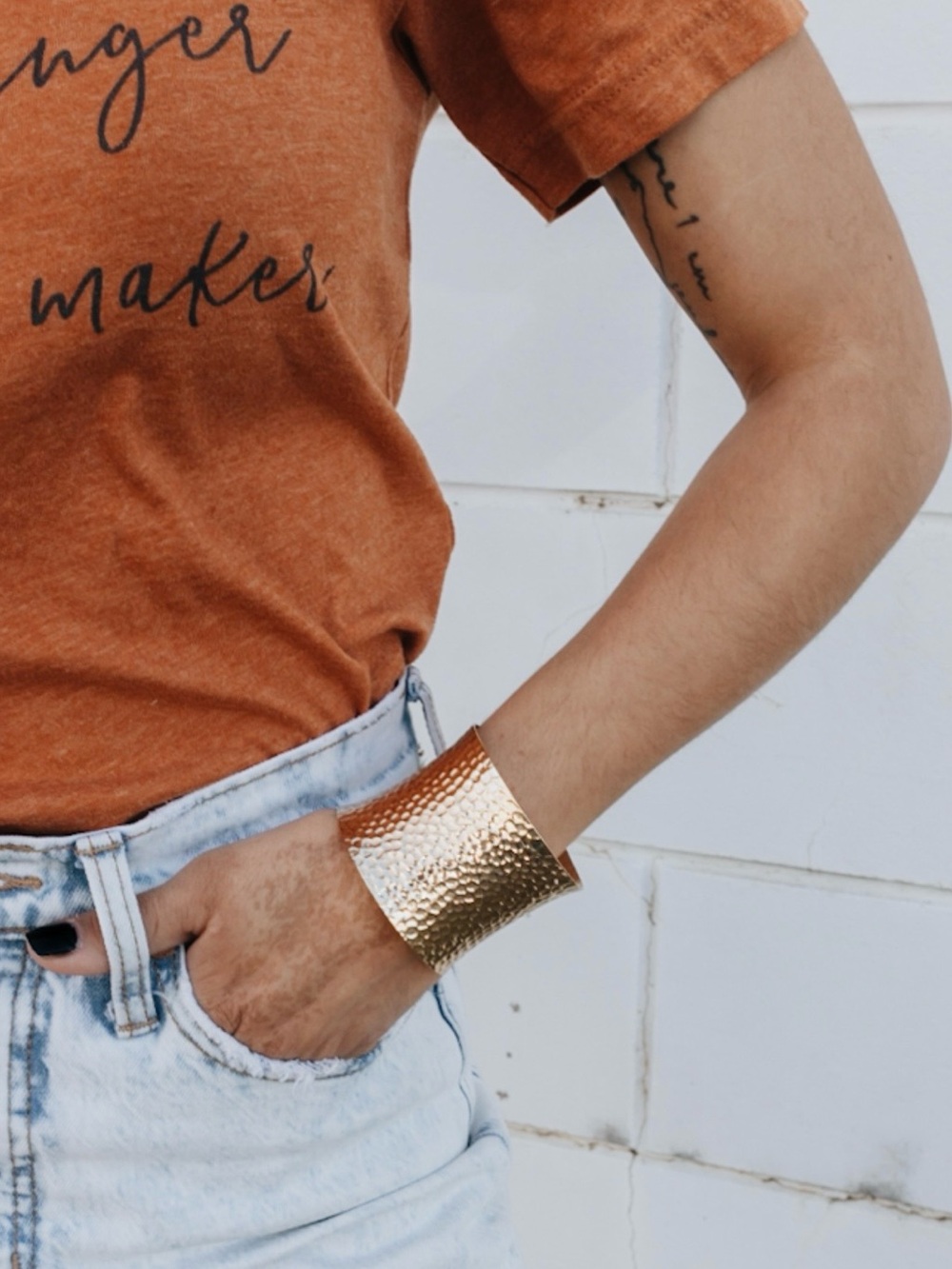 Hammered Metal Wide Cuff Bracelet - Gold Women's Statement Bangle